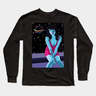 chica sentada con el fondo el espacio Long Sleeve T-Shirt